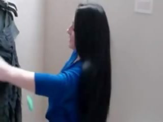 Beautifull brunette blowjob in a public changing room